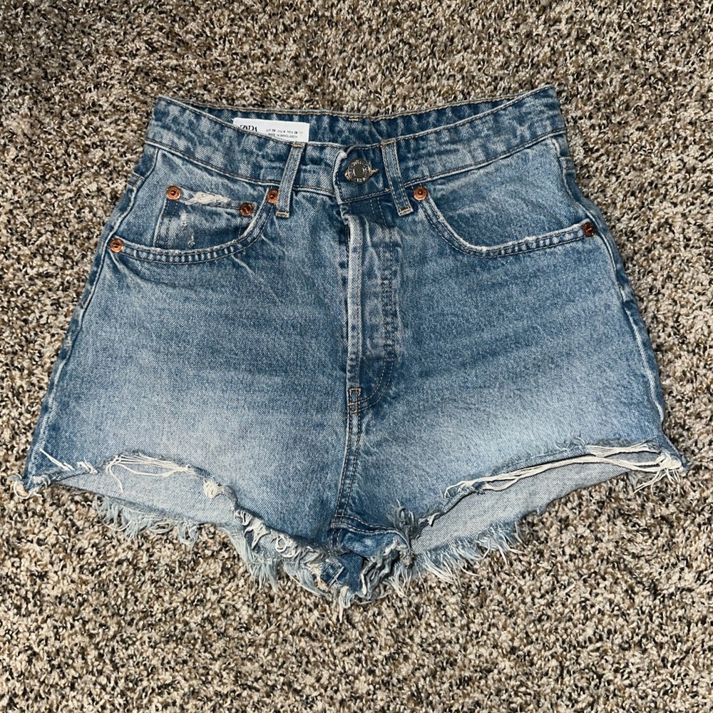 Zara High Waisted Denim Distressed Shorts - Picture 8 of 13